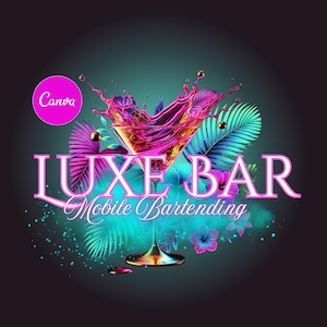 Bartender Logo, Mobile Bartender Logo, Cocktail Logo, DIY Logo, Custom Logo, Canva Logo, Glam Logo, Luxury Logo, Mobile Bar, Neon Logo