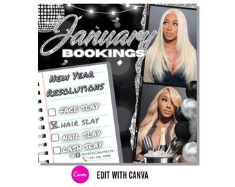 Könnte beinhalten: Eine schwarze und silberne Grafik mit dem Text "January Bookings" und einer Checkliste mit dem Titel "New Year Resolutions" mit den Punkten "Face Slay", "Hair Slay", "Nail Slay" und "Lash Slay". Die Grafik zeigt auch zwei Fotos einer Frau mit langen blonden Haaren.