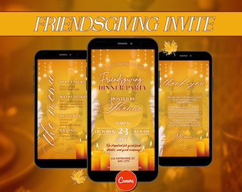 Może przedstawiać: Trzy smartfony wyświetlające zaproszenie na Friendsgiving. Centralny telefon pokazuje szczegóły "Friendsgiving Dinner Party", w tym imię gospodarza, datę i godzinę. Pozostałe telefony wyświetlają menu i wiadomość z podziękowaniami. Tło jest ciepłe.