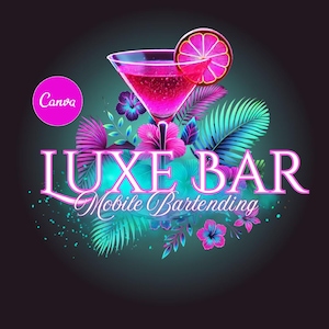 Bartender Logo, Mobile Bartender Logo, Cocktail Logo, DIY Logo, Custom Logo, Canva Logo, Glam Logo, Luxury Logo, Mobile Bar, Neon Logo