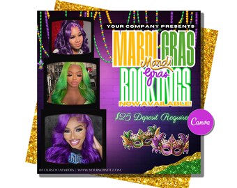 Mardi Gras Flyer, March Booking Flyer, March Hair Flyer, March Braid Flyer, March Lash Flyer, Wax Flyer, March Makeup Flyer, Mardi Gras