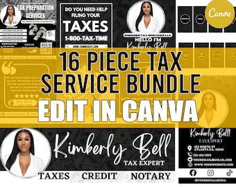 May include: A 16 piece tax service bundle for business owners. The bundle includes a variety of templates for social media, business cards, and marketing materials. The templates are editable in Canva and feature a black and gold color scheme with a photo of a woman. The text on the image reads "16 Piece Tax Service Bundle Edit in Canva".