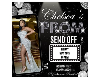 May include: Black and white invitation with silver glitter accents. The invitation is for a prom send-off party for Chelsea. The invitation includes the date, time, and location of the party. The invitation also includes the text "Refreshments Provided".