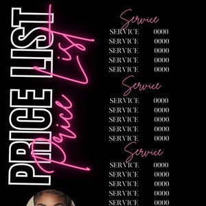 Peut inclure: Une liste de prix en noir et blanc avec un n&eacute;on rose qui dit "Price List". La liste comprend des services et des prix. Le bas de l'image comprend une photo d'une femme, le mot "Owner", des ic&ocirc;nes de m&eacute;dias sociaux, un num&eacute;ro de t&eacute;l&eacute;phone et l'adresse du site Web "www.yourwebsite.com".