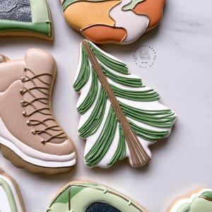 May include: Assortment of decorated sugar cookies. One cookie is shaped like a hiking boot, another like a Christmas tree with green icing, and others with various outdoor themes. The cookies are decorated with white, brown, green, and gold icing.