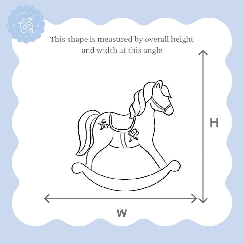 May include: Line drawing of a rocking horse with the text "This shape is measured by overall height and width at this angle." The height and width are indicated by arrows labeled "H" and "W".