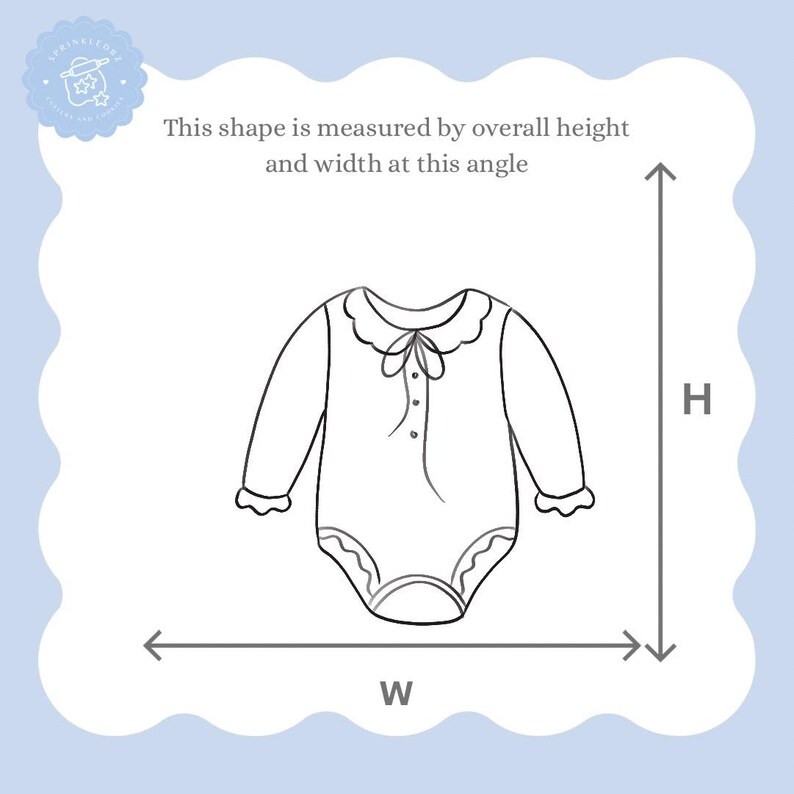 K&ouml;nnte beinhalten: Strichzeichnung eines Baby-Bodysuits mit langen &Auml;rmeln, einem R&uuml;schenkragen und einer Schleife. Der Text "This shape is measured by overall height and width at this angle" ist enthalten. Pfeile zeigen die H&ouml;hen- (H) und Breitenma&szlig;e (B) an.