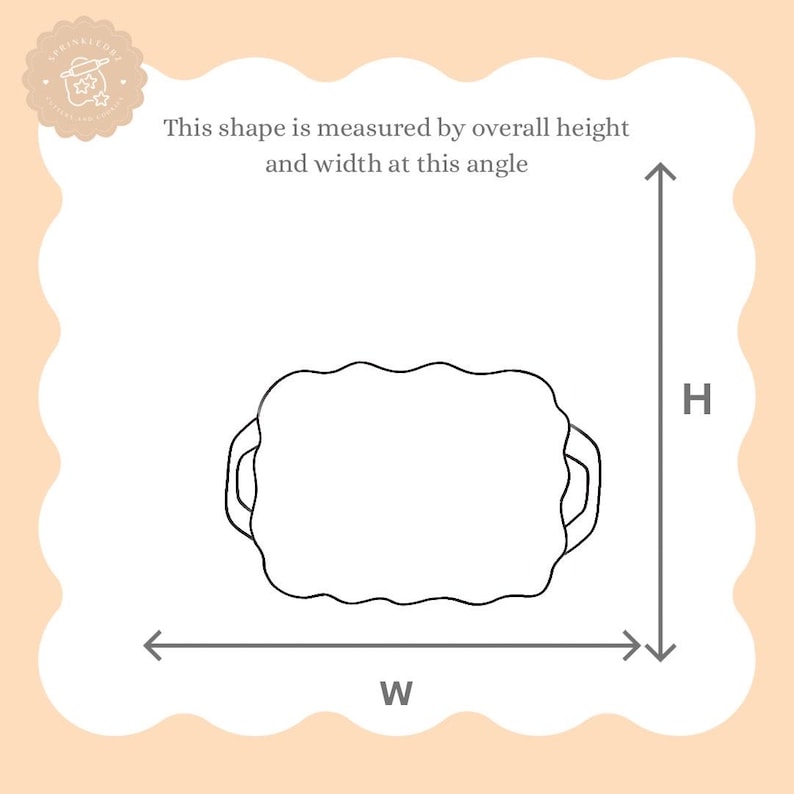 May include: Line drawing of a rectangular shape with wavy edges and two handles, labeled with "H" for height and "W" for width. Text above the shape reads, "This shape is measured by overall height and width at this angle."