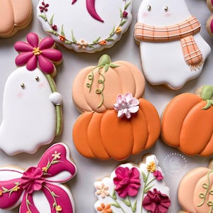 May include: An assortment of decorated sugar cookies in a variety of shapes and designs. The cookies include pumpkins, ghosts, flowers, and bows, all with intricate icing details and vibrant colors. The cookies are arranged on a white surface.