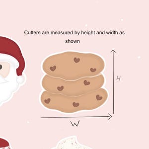 May include: A brown cookie cutter in the shape of a stack of three cookies with chocolate chips. The cutter is measured by height and width as shown.  Cutter are measured by height and width as shown.