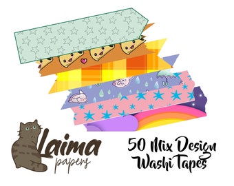 May include: A stack of 50 colorful washi tapes with various designs, including stars, rainbows, and cartoon characters. The tapes are arranged in a fan shape and labeled "50 Mix Design Washi Tapes".