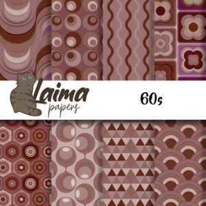 Vintage 60s Patterns Digital Scrapbooking Paper, Printable Oldies Paper, Digital Oldschool Ephemera, DIY Packing Craft Paper, Retro Paper