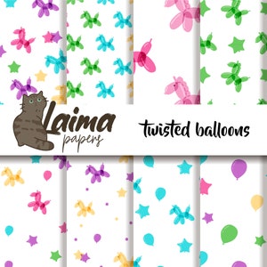 Può includere: Un set di 10 carte digitali con un motivo ripetitivo di palloncini attorcigliati in vari colori, tra cui rosa, blu, verde, viola e giallo. Le carte includono anche stelle e pois. Le carte sono perfette per l'artigianato, lo scrapbooking e altri progetti creativi.