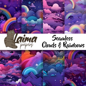 Seamless Cute Clouds and Rainbows Scrapbook Papers, Colorful Digital Paper, Hand Drawn Scrapbook Paper, Rainbow Background, DIY Wallpaper