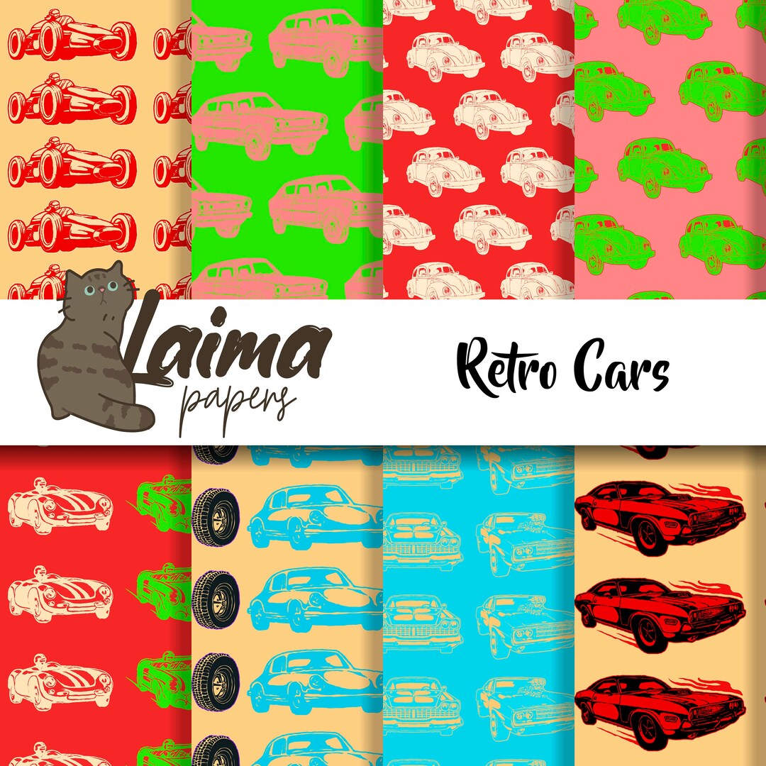 Retro Cars Theme Scrapbooking Paper, Car Digital Paper, Printable Motor ...