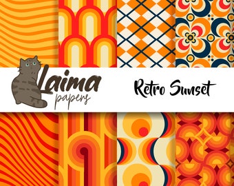 Sunset Colors Retro Digital Paper, Sunset Scrapbook Paper, 60s Packing Paper, Oldies Old School Scrapbook Paper for Crafting