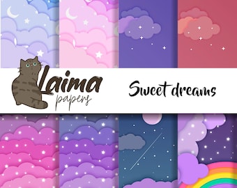 Sweet Dreams Clouds Digital Paper Pack, Rainbow and Clouds Scrapbooking Paper, 12x12 Craft Paper Kit, Purple Pink Paper Ephemera
