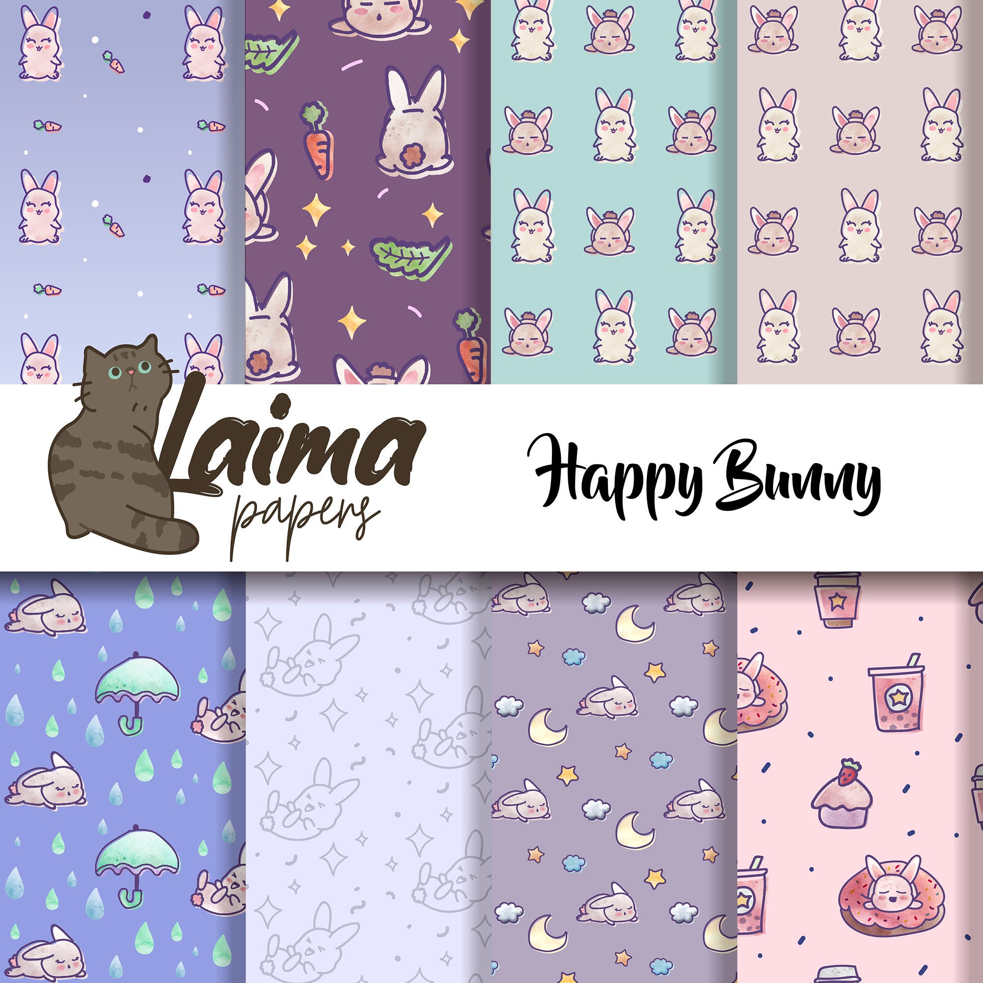 Happy Kawaii Bunnies Digital Paper Pack, Hand Drawn Rabbit Scrapbook ...