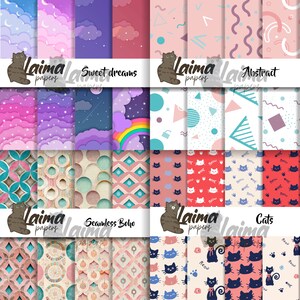 May include: A set of 12 digital paper designs featuring various patterns, including clouds, stars, rainbows, geometric shapes, and cats. The papers are in a pastel color palette with pink, blue, and white as the dominant colors. The papers are labeled with the text "Laima papers" and the names of the designs, such as "Sweet dreams", "Abstract", "Seamless Boho", and "Cats".