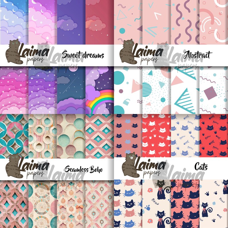 May include: A set of 12 digital paper designs featuring various patterns, including clouds, stars, rainbows, geometric shapes, and cats. The papers are in a pastel color palette with pink, blue, and white as the dominant colors. The papers are labeled with the text "Laima papers" and the names of the designs, such as "Sweet dreams", "Abstract", "Seamless Boho", and "Cats".