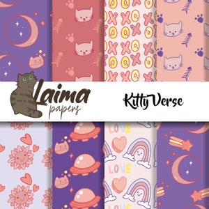 Kitty Verse Printable Digital Paper, Instant Download Scrapbook Paper, Cat Digital Background, Animal Wallpaper, Cute Kitty Scrapbook Paper