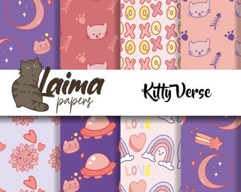 May include: A set of eight digital paper designs featuring cute kitty illustrations. The designs include a purple background with stars and a crescent moon, a pink background with paw prints and a cat face, a white background with yellow and orange Xs and Os, a pink background with paw prints and a cat face, a purple background with flying saucers, a pink background with hearts and rainbows, a purple background with stars and a crescent moon, and a purple background with shooting stars.