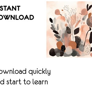 May include: Abstract digital art print featuring a cluster of brown, gray, and black shapes resembling leaves and flowers on a peach background. The text "INSTANT DOWNLOAD" is visible at the top of the image.