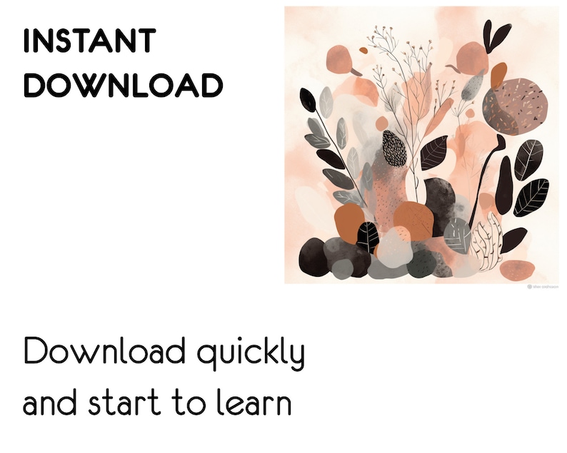 May include: Abstract digital art print featuring a cluster of brown, gray, and black shapes resembling leaves and flowers on a peach background. The text "INSTANT DOWNLOAD" is visible at the top of the image.