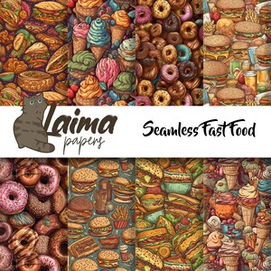 Puede incluir: Un conjunto de seis patrones sin costuras que presentan varios artículos de comida rápida, incluyendo hamburguesas, papas fritas, donas, conos de helado y sándwiches. Los patrones son coloridos y detallados, con un estilo de dibujos animados.