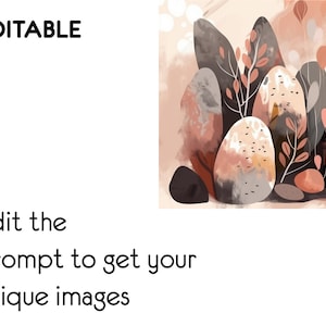 May include: Abstract art print featuring a cluster of stylized, organic shapes in shades of brown, pink, and gray. The shapes resemble rocks or stones with delicate, stylized branches and leaves in a muted pink color.