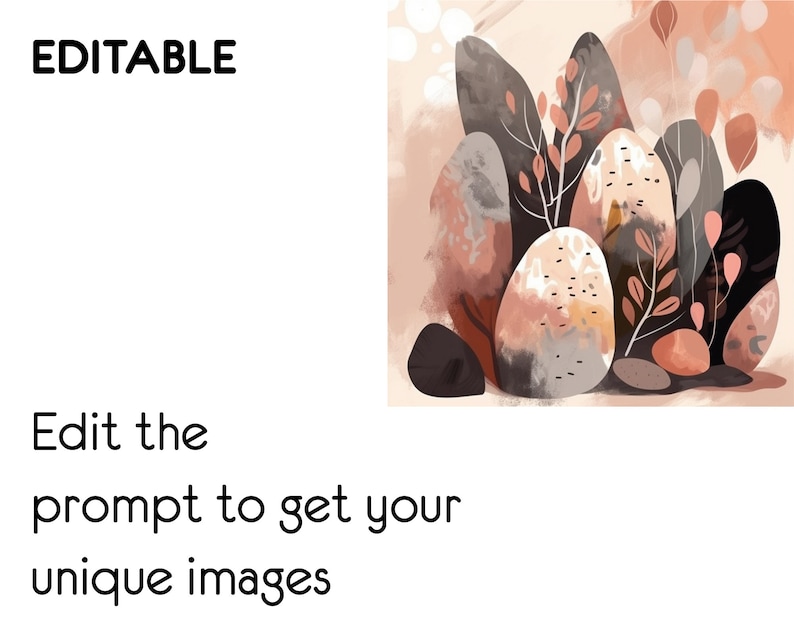 May include: Abstract art print featuring a cluster of stylized, organic shapes in shades of brown, pink, and gray. The shapes resemble rocks or stones with delicate, stylized branches and leaves in a muted pink color.