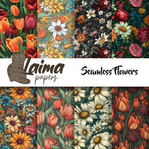 Puede incluir: Un conjunto de 8 patrones florales sin costuras que presentan varias flores, incluyendo tulipanes, margaritas, girasoles y rosas. Los patrones son de estilo vintage con un fondo oscuro y colores brillantes.