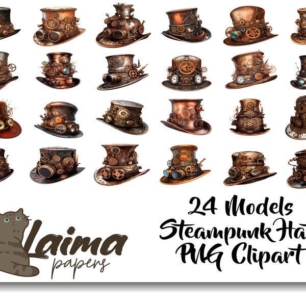 24 Steampunk Hats Clipart PNG, Steampunk Clipart, Full Commercial Use, Instant Download, Vibrant & Aesthetic Designs