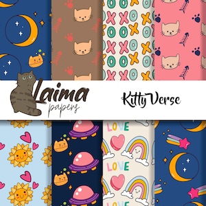 Kitty Verse Printable Digital Paper, Instant Download Scrapbook Paper, Cat Digital Background, Animal Wallpaper, Cute Kitty Scrapbook Paper