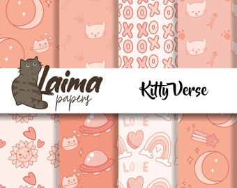May include: A set of 8 digital paper designs featuring cute cat illustrations, hearts, rainbows, stars, and planets. The papers are in pink, peach, and white colours. The text "Laima papers" and "Kitty Verse" is included in the image.