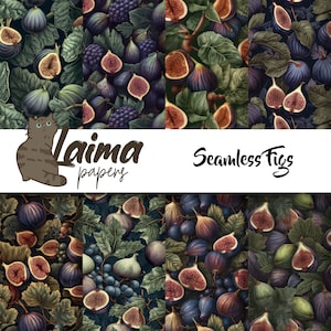 Puede incluir: Un conjunto de cuatro patrones sin costuras que presentan ilustraciones de higos y hojas en tonos verdes, morados y marrones. Los patrones están etiquetados como "Seamless Figs" y "Laima Papers".