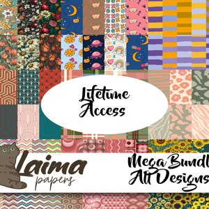 May include: A collage of colorful digital paper patterns with a cat illustration and the text "Laima Papers" and "Mega Bundle All Designs". The text "Lifetime Access" is also included in the image.