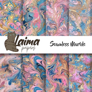 May include: A set of six seamless marble patterns in pink, blue, and gold colors. The patterns are perfect for digital scrapbooking, crafting, and other creative projects.  The text "Laima papers" is displayed in the center of the image.