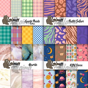 May include: A digital collage of 12 different patterns, including plaid, marble, and animal print. The patterns are arranged in a grid and each pattern is labeled with a name, such as "Garde Plaids Tartan" and "Pastel Safari".