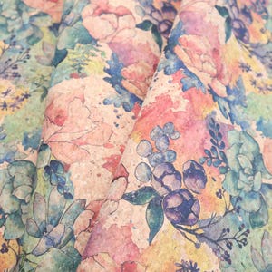 REMNANT/OFFCUT - Cork Fabric 18&quot; x 26&quot;  - Floral Watercolor