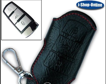 Premium Leather Key Cover for VW Volkswagen Passat B6 B7 CC Black/Red Stitch