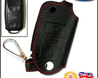 Premium Leather Key Cover for VW Volkswagen Golf 6 / 7 Black/Red Stitch