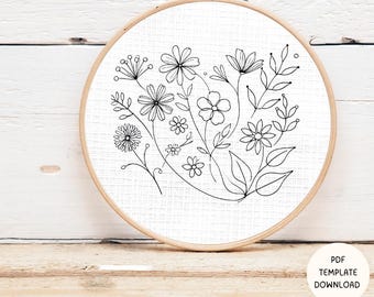 Floral Embroidery Pattern: Line Art Flowers, Beginner Hand Stitch (PDF Pattern)