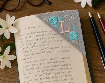 Personalized Embroidered Corner Bookmark: Elegant Floral Initial Gift, gift for readers