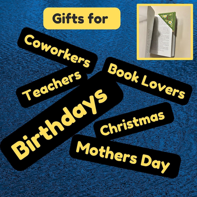 May include: Image featuring a book with a floral bookmark and text that reads "Gifts for" and "Coworkers, Teachers, Birthdays, Book Lovers, Christmas, Mothers Day" on a blue background.