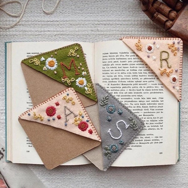 Personalized Embroidery Felt Bookmarks | Letters Handmade Corner Bookmark | 4 Season Letter & Flower Felt Bookmark  Set