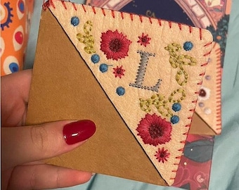Personalized Hand Embroidered Felt Corner Bookmark: Floral Initial, 5 colors