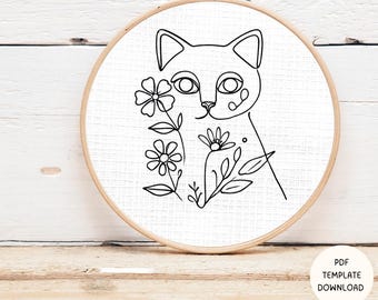 Cat & Flowers Embroidery Pattern: Beginner Animals Design (PDF Download)