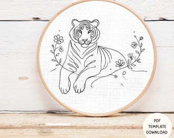 Tiger Embroidery Pattern: Animal Line Art (Digital Download)
