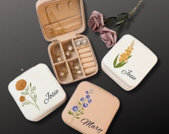 personalized jewelry boxes, Engraved Birth Flower jewelry Box, Travel Jewelry Box, Birthday Gift, Bridal Party Gifts, Bridesmaid Gifts,